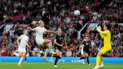 Beth Mead scores the first goal during the Euro 2022 match between England and Austria at Old Trafford, Manchester, Britain on July 6, 2022. Reuters