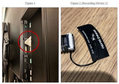 A device, which the US Justice Department says is a hidden audio recording device installed in an OpenAI executive conference room by Abdulrahman Alfozan, a Saudi national employed as an engineer at the AI company, at a location given as San Francisco, California, US, in this combination handout photo released October 13, 2026. US Department of Justice / Handout via REUTERS THIS IMAGE HAS BEEN SUPPLIED BY A THIRD PARTY