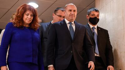 Bulgaria's incumbent President Rumen Radev and Vice President Iliyana Yotova after winning the election on Sunday. AFP