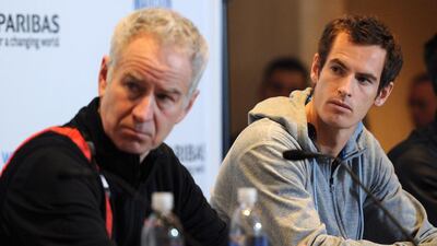 John McEnroe, left, and Andy Murray look on during the BNP Paribas Showdown press conference at Essex House on March 3, 2014 in New York City. Maddie Meyer / Getty Images