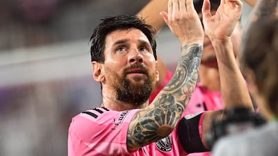 Inter Miami's Argentine forward Lionel Messi applauds to the crowd after the win over DC United. AFP