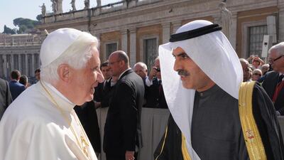 Pope Emeritus Benedict XVI meets Abdul Aziz Al Ghurair, speaker of the FNC, at the Vatican. AFP