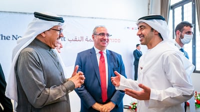 Bahrain's Foreign Minister Abdullatif bin Rashid al-Zayani (L) speaking with Emirati Minister of Foreign Affairs and International Cooperation Abdullah bin Zayed Al Nahyan (R) during the Negev summit in the Israeli kibbutz of Sde Boker. WAM