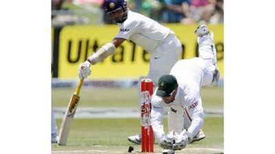 India's VVS Laxman, with bat, made 96 crucial runs at Kingsmead yesterday.