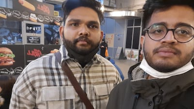 Sanabil SP, right, with Haneen Kuniyil, medical students in Ukraine at a bus station where they took shelter after explosions rocked Kiev airport. The students were booked to travel to Abu Dhabi when bombs hit the airport at the start of Russia's invasion of Ukraine on Thursday. Photo: Sanabil SP