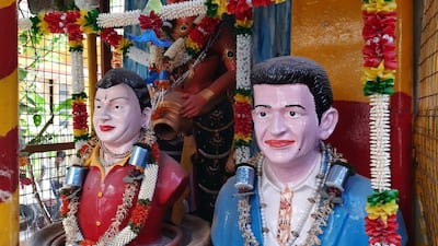 Statues of Rajkumar alongside his son, Puneth Rajkumar, who died in 2021. Photo: Ravi Kumar Kashi