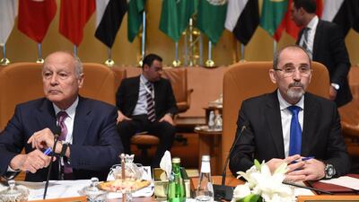 Arab League Secretary-General Ahmed Abul Gheit and Jordanian Foreign Minister Ayman Safadi, who chairs the preparatory meeting of Arab Foreign Ministers, attend the meeting in Riyadh. Fayez Nureldine / AFP Photo