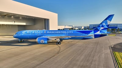 Etihad has revealed a new Manchester City livery to mark the arrival of its new Boeing 787-9 Dreamliner. Courtesy Etihad Airways