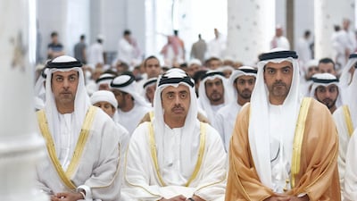 From left: Sheikh Omar bin Zayed , Deputy Chairman of the Board of Trustees of Zayed bin Sultan Al Nahyan Charitable and Humanitarian Foundation; Sheikh Abdullah bin Zayed, UAE Minister of Foreign Affairs and International Cooperation and HH Sheikh Hamed bin Zayed , Chairman of the Crown Prince Court of Abu Dhabi and Abu Dhabi Executive Council Member.