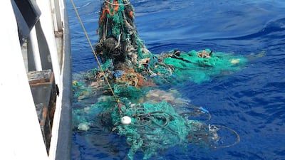 The crew of R/V Ocean Starr pull a ghost net from the Pacific Ocean in 2015. More than eight million tons of plastic are dumped into the world's oceans every year, and concern is mounting over this petroleum-derived product's toxic legacy on human health and the environment. AFP / Ocean Cleanup