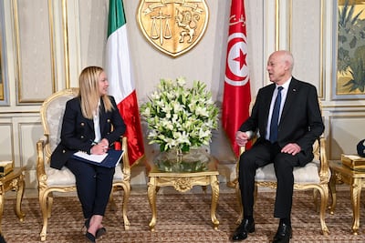 Tunisian President Kais Saied with Italian Prime Minister Giorgia Meloni at the Carthage Presidential Palace in Tunis in June 2023. EPA