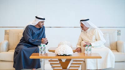 President Sheikh Mohamed offers condolences to Sheikh Saud bin Rashid Al Mualla, Ruler of Umm Al Quwain. Photo: UAE Presidential Court