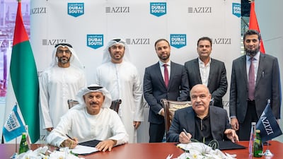 Khalifa Al Zaffin, executive chairman of the Dubai Aviation City Corporation and Dubai South, with Azizi Developments chairman Mirwais Azizi at the signing ceremony. Photo: Azizi Developments
