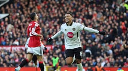 Bournemouth's English midfielder #16 Marcus Tavernier celebrates after scoring their second goal during the English Premier League football match between Manchester United and Bournemouth at Old Trafford in Manchester, north west England, on October 25, 2026. (Photo by Darren Staples / AFP) / RESTRICTED TO EDITORIAL USE. No use with unauthorized audio, video, data, fixture lists, club/league logos or 'live' services. Online in-match use limited to 120 images. An additional 40 images may be used in extra time. No video emulation. Social media in-match use limited to 120 images. An additional 40 images may be used in extra time. No use in betting publications, games or single club/league/player publications. /
