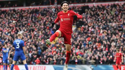 Takumi Minamino celebrates after scoring Liverpool's second goal. Getty
