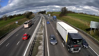 Traffic queues on the M6 motorway near Manchester in northern England. Reuters