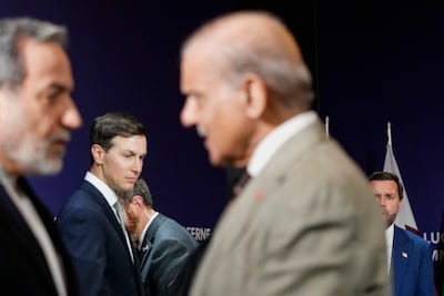 The Swiss talks were attended by, from left, Iranian Foreign Minister Abbas Araghchi, White House envoy Jared Kushner, Pakistani Prime Minister Shehbaz Sharif and US Vice President JD Vance. Getty Images