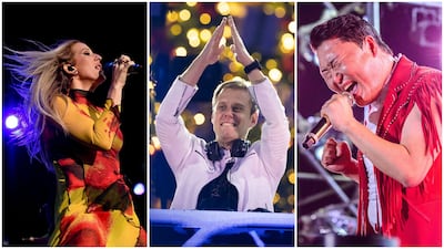 Ellie Goulding, Armin van Buuren and Psy. Photo: AFP; Expo 2020 Dubai; AFP