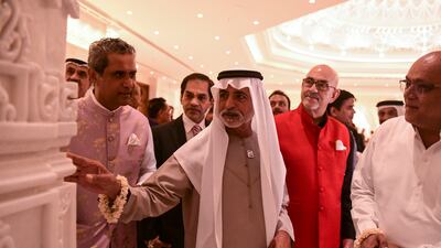 Sheikh Nahyan bin Mubarak, Minister of Tolerance and Coexistence, is given a tour in October of the new Hindu temple in Jebel Ali by Raju Shroff, trustee of the Sindhi Guru Darbar. Khushnum Bhandari / The National