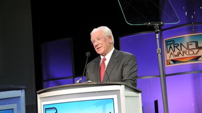 In this 2008 photo provided by Timeless Communications, U2 longtime tour manager, Dennis Sheehan, accepts his Parnelli Lifetime Achievement Award at the Rio Hotel and Casino in Las Vegas. Sheehan died at a Southern California hotel, a day after the band kicked off a five-night stint in the Los Angeles area. Bono posted a statement about Sheehan Wednesday, May 27, 2015, on his website, saying “we lost a family member, we’re still taking it in.” (Timeless Communications via AP) MANDATORY CREDIT