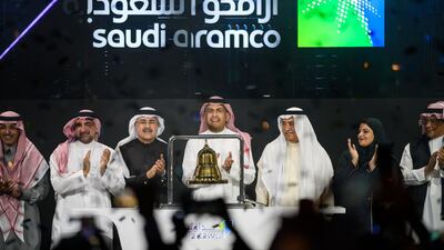 Saudi Aramco board members with Tadawul chairperson Sarah Al-Suhaimi and chief executive Khalid Al Hussan at the bell ringing ceremony marking the launch of the company's shares trading. Photo courtesy of Saudi Aramco