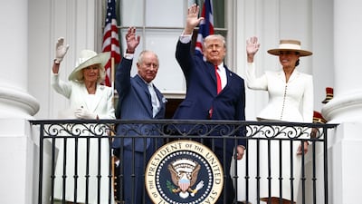 Donald Trump, Melania Trump, King Charles and Queen Camilla wave to a crowd during an arrival ceremony at the White House. PA