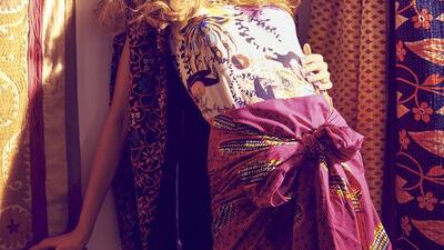 ONE TRIBE: T-shirt, Dh1,750, Mary Katrantzou; skirt, Dh2,900, Stella Jean, both at Harvey Nichols. Embroidered cape, Dh3,450, Mochi at S*uce