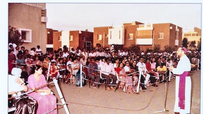 Bishop Bernard G Gremoli addresses parents during an event at St. Joseph's School, Abu Dhabi, in 1987.