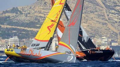 Team Abu Dhabi Ocean Racing and Team Alvimedica sail during the in-port race in Alicante, Spain on Saturday for the Volvo Ocean Race. Jose Jordan / AFP