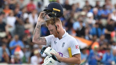 Dejected England captain Ben Stokes after losing his wicket. AP