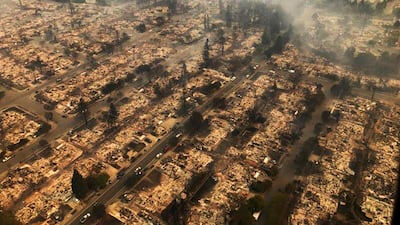 This aerial photo provided by the California Highway Patrolshows some of hundreds of homes destroyed in a wind-driven wildfire that swept through Santa Rosa. California Highway Patrol Golden Gate Division via AP