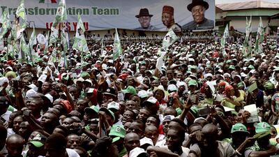 Supporters gather at a campaign rally for Nigeria's President Goodluck Jonathan as he seeks a second term in office, in the area of Yenagoa in his home state of Bayelsa on February 6, 2015. Stringer/Reuters