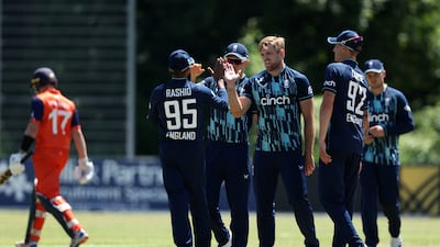England bowler David Wiley of England celebrates after taking with wicket of Logan van Beek for a duck. Willey finished with 4-36. Getty