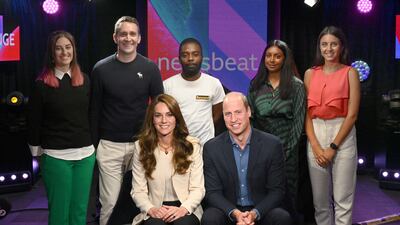 The Prince and Princess of Wales with Emma Hardwell, Ben Cowley, Antonio Ferreira, Dr Abigail Miranda and Pria Rai at the 'Newsbeat' studios on Monday. BBC / PA
