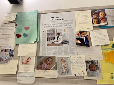 A noticeboard at Art Fertility Clinics Abu Dhabi features articles and letters of thanks. Photo: Harriet Shephard