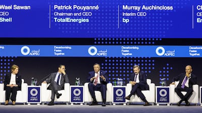 (From left to right) Vicki Hollub, president of Occidental Petroleum, Shell chief executive Wael Sawan, TotalEnergies chairman and chief executive Patrick Pouyanne, BP interim chief Murray Auchincloss and ENI chief executive Claudio Descalzi during a panel at Adipec 2023. Reuters