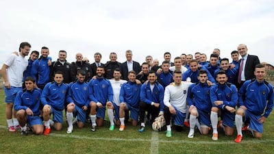 Kosovo's national football team players poses for a picture during a training session a day before they meet Haiti, ranked 79th in the world. Armend Nimani / AFP