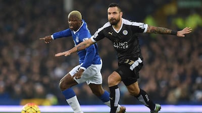 Everton’s Arouna Kone vies with Leicester City’s Marcin Wasilewski on Saturday during their Premier League match. Paul Ellis / AFP