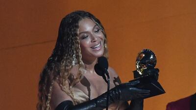 Singer-songwriter Beyonce accepts the award for Best Dance/Electronic Music Album for Renaissance during the 65th Annual Grammy Awards in 2023. AFP