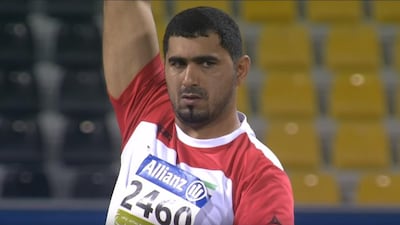 Emirati paralympic athlete Abdullah Hayayei competes in the men's shot put F34 final at the 2015 IPC Athletics World Championships in Doha. YouTube screengrab courtesy of paralympic.org
