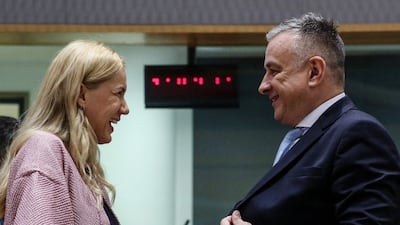 Kadri Simson (L), European Energy Commissioner, speaks to Czech minister Jozef Sikela before a meeting in Brussels. AFP