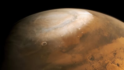 The polar ice cap on Mars. The image was taken by the UAE’s Hope probe and processed by graphic designer Jason Major. Photo: Emirates Mars Mission / Jason Major