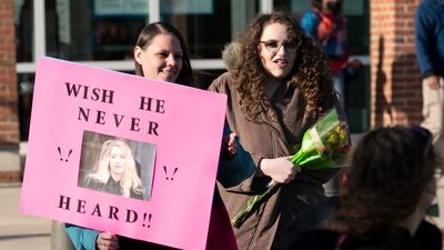 Tiffany Lunn, a supporter of Depp, outside the court in Fairfax, Virginia. AP