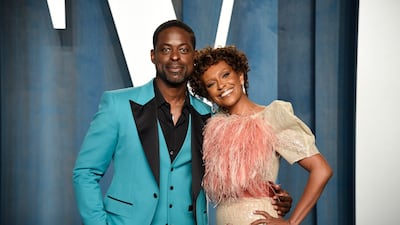 American actor Sterling K Brown, left, spoke about how his wife Ryan Michelle Bathe also gave birth on the bathroom floor. Invision / AP