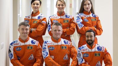 Saleh Al Ameri (front R) will take part in a simulated mission, being confined in an isolated environment in Moscow along with participants from US and Russia. Photo: Dubai Media Office