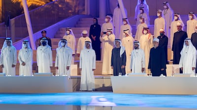 At the Wahat Al Karama commemoration were: Sheikh Saif bin Zayed, Deputy Prime Minister and Minister of Interior; Sheikh Abdullah bin Zayed, Minister of Foreign Affairs and International Co-operation; Sheikh Hamad bin Mohammed Al Sharqi, Ruler of Fujairah; Sheikh Hazza bin Zayed, Vice Chairman of the Abu Dhabi Executive Council; Sheikh Tahnoon bin Mohamed, Ruler's Representative in Al Ain Region; Dr Ahmed Al Tayeb, Grand Imam of Al Azhar Mosque; Sheikh Omar bin Zayed, Deputy Chairman of the Board of Trustees of Zayed bin Sultan Al Nahyan Charitable and Humanitarian Foundation; and Sheikh Issa bin Zayed. Photo: Abdulla Al Neyadi / Ministry of Presidential Affairs