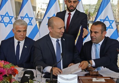 From left, former Israeli prime ministers Yair Lapid and Naftali Bennet and politician and Knesset member Abir Kara, in Jerusalem. EPA