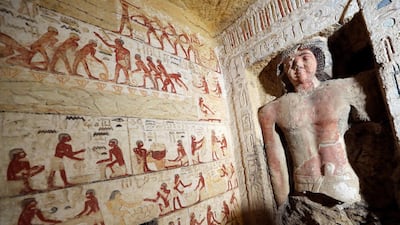 A statue inside the newly discovered tomb of high priest Wahtye in the Saqqara area near Cairo. Reuters