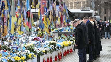 EU leaders attend a ceremony at the memorial to the fallen Ukrainian soldiers on Independence Square in Kyiv, Ukraine. EPA