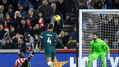 Brentford's Yoane Wissa goes for the spectacular against Liverpool but his over-head kick goes over bar. Reuters